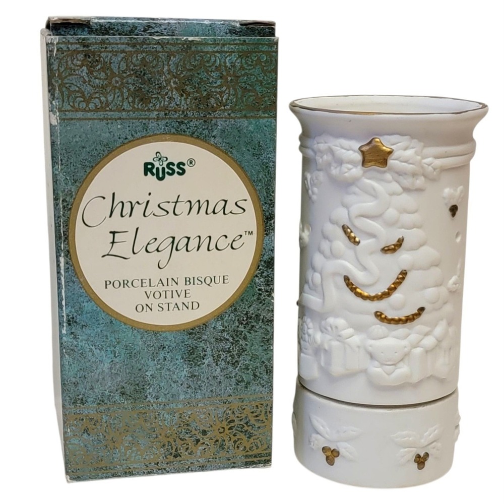 VTG 90s Russ Berrie Christmas‎ Elegance Porcelain Bisque Votive Candle Holder